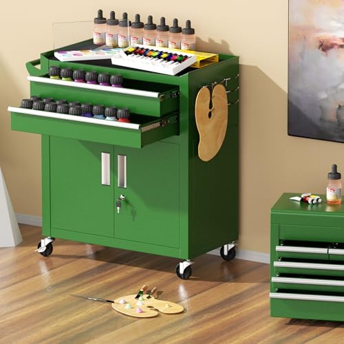 Greenvelly 8-Drawer Tool Chest with Wheels, Pre-Assembled Rolling Tool Chest, Detachable Top Tool Box, Lockable Design, Comes with Drawer Liners & Side Hooks for Garage Workshop Repair Room (Green)