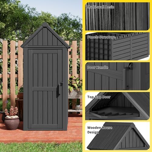 Fancyango Outdoor Resin Storage Cabinet Sturdy All-Weather Shed with Removable Shelves Lock Ring & Reinforced Floor – for Garden Patio Lawn (Black1)