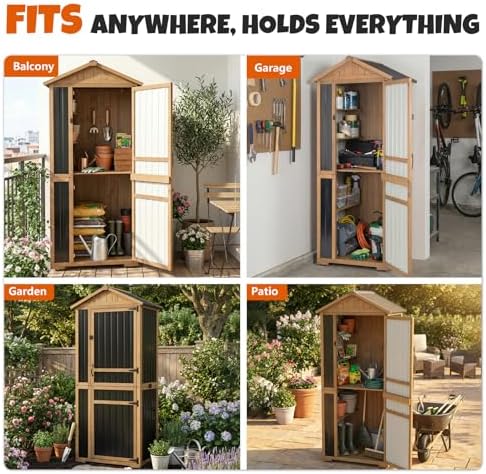 4-Tier Metal & Wood Outdoor Storage Cabinet with Reinforced Frame, Weatherproof Asphalt Roof, Adjustable Shelves, Lockable Doors for Patio, Garden, Garage Organization