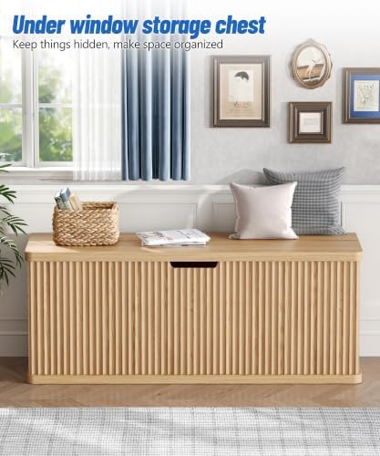 Akxomel 45.3" Fluted Storage Chest Wooden Storage Trunk 2 Safety Hinges Oak