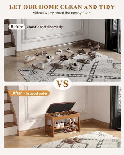 Shoe Rack Bench with Hidden Storage, 2‑Tier Solid Rubberwood Entryway Bench
