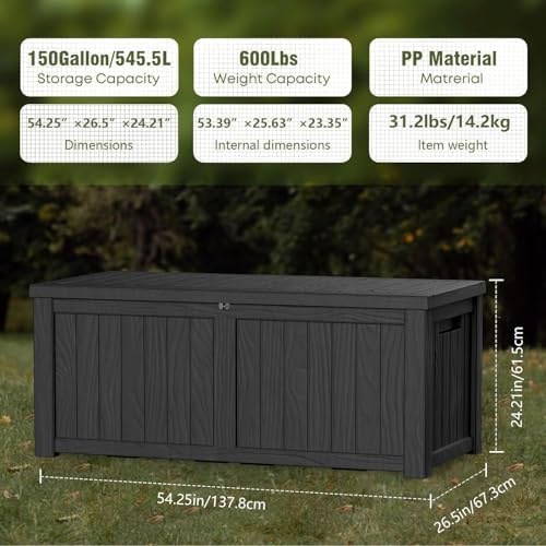 150 Gallon Resin Large Deck Box Organization and Storage Box for Patio, Outdoor Cushions, Garden Tools, Black | Hydraulic Pistons, Resin, Weatherproof