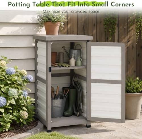 Small Outdoor Storage Cabinet with Waterproof Metal Top, White Wood & Plastic Potting Bench Table with Removable Shelf, Outside Cabinets Work Station for Patio, Balcony,17.9''x17.9''x33.5''