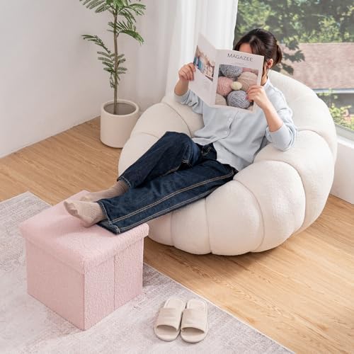 Folding Storage Ottoman Bench, 15 Inch Boucle Small Ottoman Foot Rest for Couch, End of Bed Bench with 397 lb Capacity, Storage Chest for Living Room, Bedroom, Entryway Pink