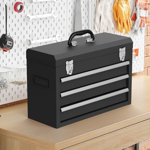 3 Drawer Metal Tool Box, Heavy Duty Steel Tool Chest with Ball Bearing Drawers, Portable Metal Toolbox with EVC Liners and Latches Closure, Powder Coated Tool Storage for Garage, Workbench & Home