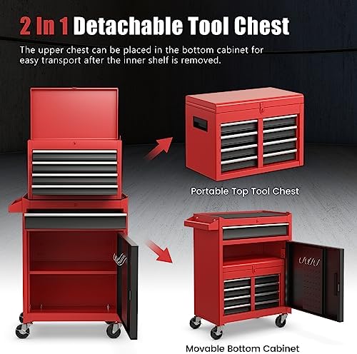 TANGZON Rolling Tool Chest Combo, Heavy Duty Lockable Tool Cabinet with Wheels, 5 Drawers, Adjustable Shelf, Hooks & Side Handle, 2-In-1 Detachable Tool Cart Trolley for Workshop Garage (Black+Red)