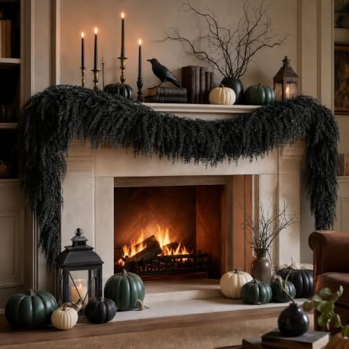 Black Halloween Mantle Garland Decor Gothic Garlands for Decorations 6Ft Fireplace Indoor Home Fall Decoration