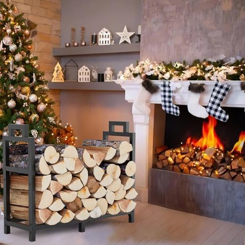 30 Inch Firewood Rack Outdoor Indoor with Handle and Log Carrier Bag, Stable Metal Wood Rack Heavy Duty Log Holder for Fireplace Patio Deck, Rustproof Firewood Storage Organizer Tool, Black, Square