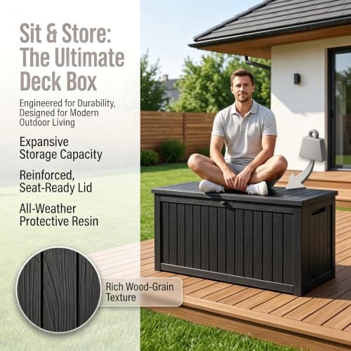 201 Gallon Large Resin Outdoor Storage Box, Waterproof Deck Box with Lockable Lid, Outside Storage Box for Patio Furniture, Pool Accessories, Garden Tools, Storage Bench for Backyard, Porch, Black