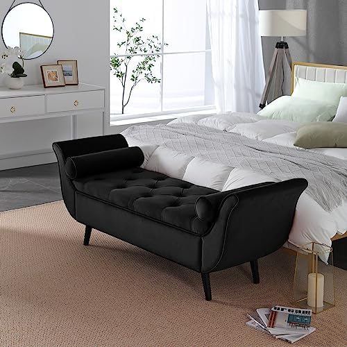Velvet Storage Bench 65" Tufted End of Bed Ottoman with 2 Pillows (Black)