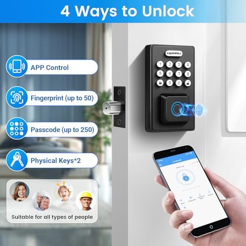 KNOBWELL Smart Lock Deadbolt for Front Door, Fingerprint Keyless Entry Door Lock, Biometric Touch Digital Keypad Deadbolt, Electronic Password Door Locks with Bluetooth and APP Control
