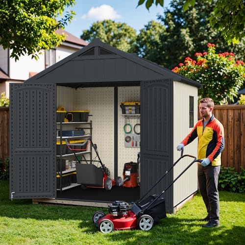 Greesum 8x6FT Plastic Outdoor Storage Shed with Floor, Resin Sheds, Beige