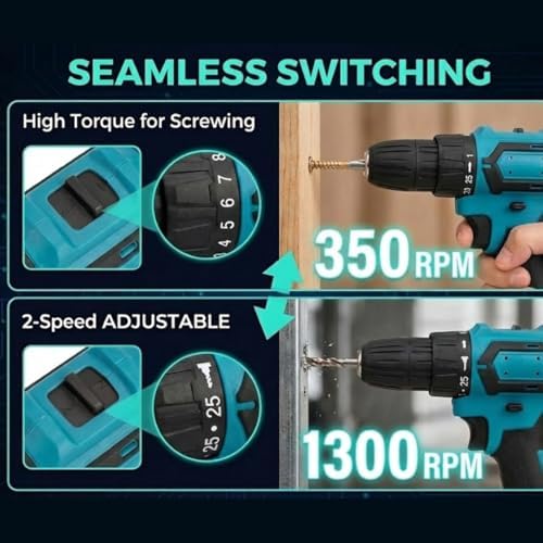 Evermore 21V Cordless Drill Set - 24-Piece All-In-One Power Tool Kit with 2 Batteries, Charger, and Carrying Case - High-Torque Electric Drill for Home Improvement & Renovation