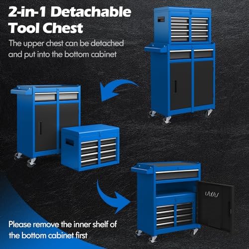 DREAMADE 5-Drawer Tool Chest Combo, Rolling Tool Cabinet w/Detachable Top Tool Box, Adjustable Shelves, Lockable Wheels, Metal Tool Box for Garage, Workshop, Repair Shop Storage (Blue)