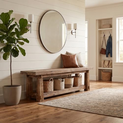 55" Wood Entryway Bench with Shoe Storage, Rustic Dining Bench