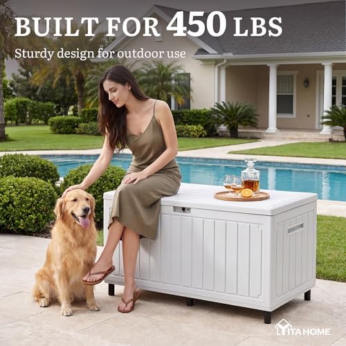 YITAHOME 90 Gallon Outdoor Deck Box with 6 Heavy-Duty Metal Legs & 2 Handle