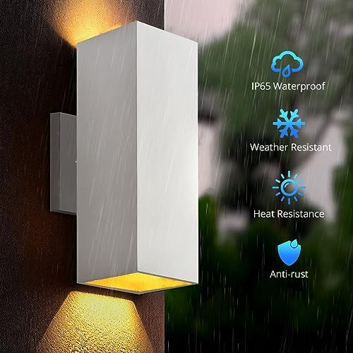 wowlite White Square Outdoor Wall Sconces, Dusk to Dawn, Up & Down, 2 Pack