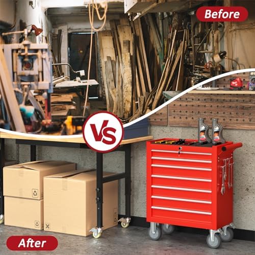 7 Drawers Rolling Tool Chest with Wheels, Portable Rolling Tool Boxes with Wheels, Tool Box Storage Cabinet with Locking System for Workshop(Red, 7 Drawers)