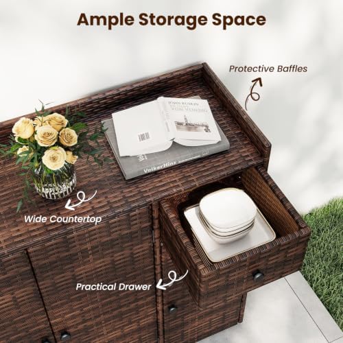 Tangkula Rattan Outdoor Storage Cabinet with 2 Adjustable Shelves