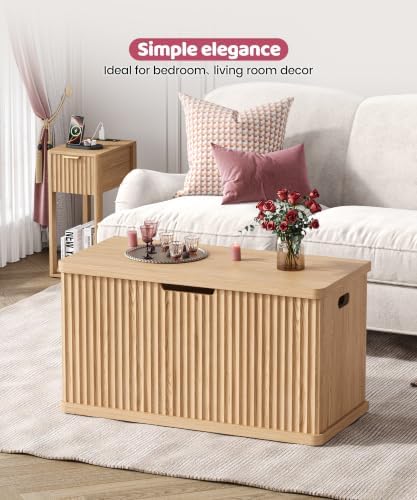 Akxomel 29.5" Fluted Storage Chest Wooden Storage Trunk 2 Safety Hinges Oak
