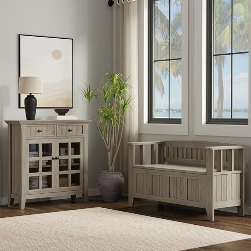 SIMPLIHOME Acadian Storage Bench and Cabinet Set in Distressed Grey