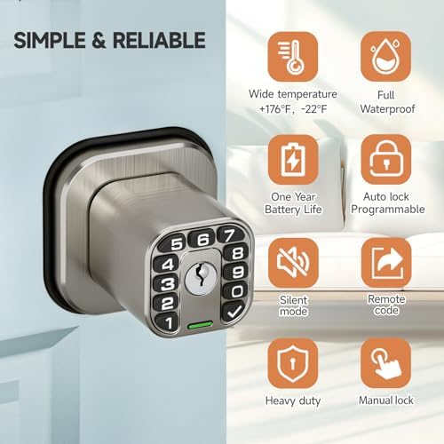 Richelock Square Door Knob with Keypad, Keylees Entry Door Lock with Cylinder, Auto Lock, Waterproof & Weatherproof Code Doorknob for Outdoor & Indoor, Bedroom, Entry Door,Office -Satin Nickel