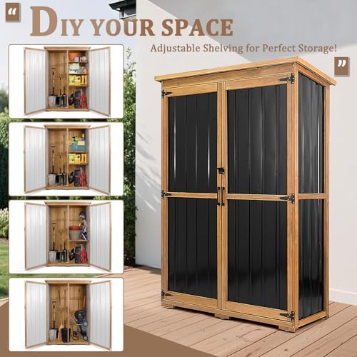 46" L Large Outdoor Storage Cabinet with Shelves, Wood & Metal Storage Shed Weather-Resistant, Outside Storage Cabinet for Garage Patio Backyard Garden with Waterproof Roof
