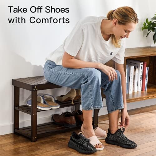 Pipishell 3 Tier Bamboo Shoe Rack Bench for Entryway, Brown