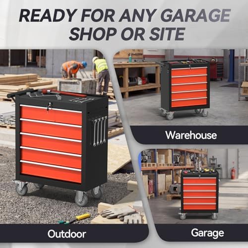 5-Drawer Rolling Tool Chest with Wheels, Metal Tool Storage Cabinet with Lock&Keys and Swivel, Toolbox with drawers, Tool Box for Warehouse, Repair Shop, Workshop (Blackred, 5-Drawer)