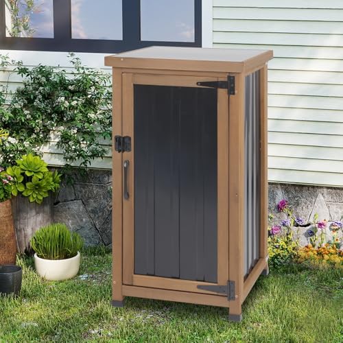 Small Outdoor Storage Cabinet Weatherproof, Wood Garden Potting Bench Table with Removable Shelves, Metal Top, Outdoor Cabinet Work Station for Patio, Backyard, Brown,17.9''x17.9''x33.5''