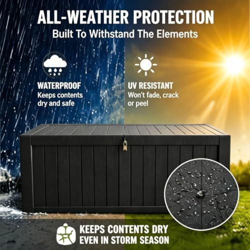 320 Gallon Outdoor Storage Box, Deck Boxes Outdoor Waterproof with Hydraulic Rod, UV-Resistant for All Weather Use, Lockable for Patio, Garden & Yard, Black