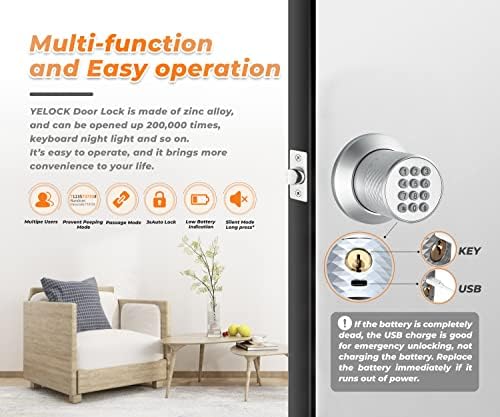 Buoan Electronic Keypad Door Knob, Smart Keyless Entry Door Lock, Silver