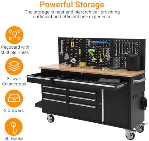 IDEALHOUSE 61-inch Rolling Tool Chest, 10 Drawers Garage Workbench Storage Tool Cabinet with Power Strip, Solid Rubber Wood Top, 1675 LBS Load Mobile Workstation, Heavy Duty Rolling Cabinet, Black