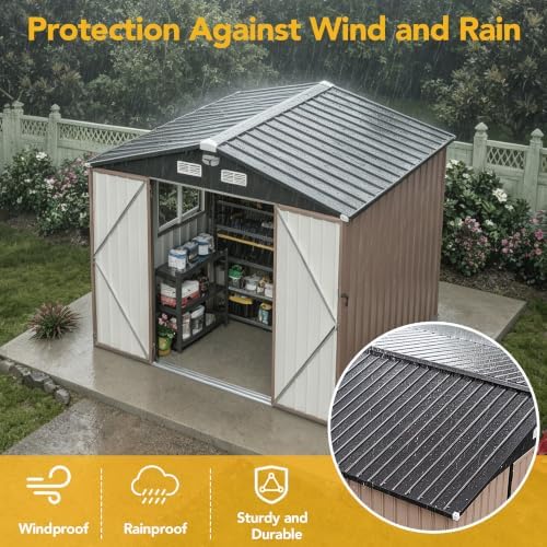 8x6FT Outdoor Storage Shed, Tool Shed with Sloping Roof and Lockable Door, Galvanized Metal Shed for Backyard Garden Patio Lawn, Brown1