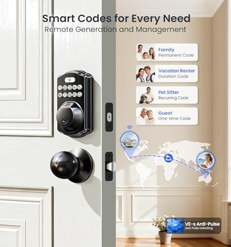 Veise VE012W-K WiFi Fingerprint Smart Lock with 2 Knob Set, Matte Black