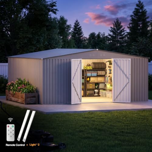 14 x 12 FT Outdoor Storage Shed, Heavy-Duty Galvanized Steel Tool Shed with Reinforced Frame, 2Magnetic Light, Lockable Double Door & Side Vents for Backyard Large Equipment, Gray