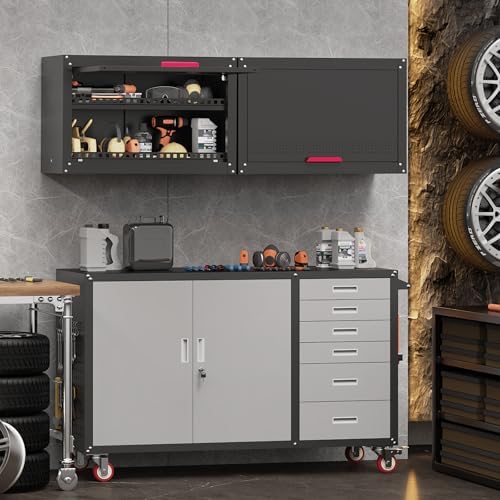 30" W Garage Wall Cabinet,Up Flip Door Metal Wall Cabinet with Adjustable Shelf,Wall Cabinets with Anti-Fall Rails for Workshop/Basement/Utility Room