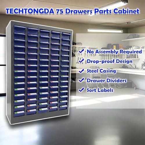 TECHTONGDA Bolt and Nut Tool Storage Cabinet 75 Drawers Parts Cabinet Contains Assortment KIT Metal Organization Shelves for Garage, Store, Workshop