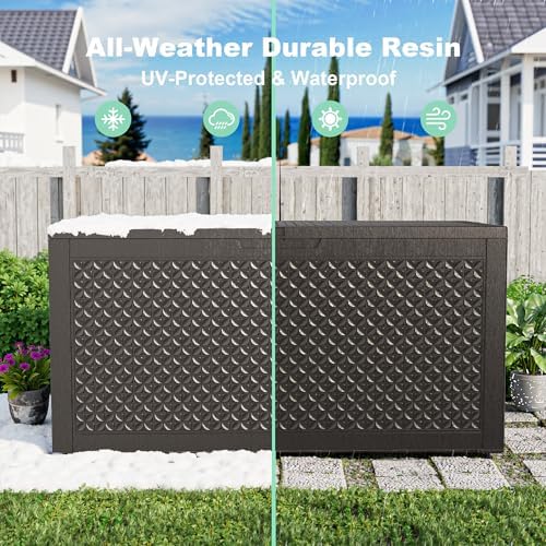 Outdoor Waterproof Resin Storage Deck Box Lockable Outside Bench UV Resistant Bin Patio Porch Furniture Pool Float Garden Tool Cushion (Black, 110 Gallon)