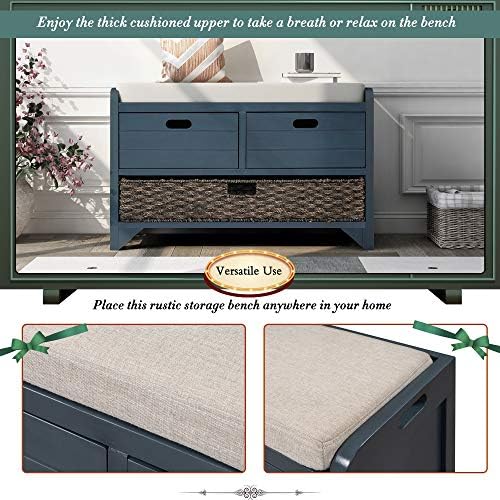 SOFTSEA Storage Bench with Drawers and Basket, Farmhouse Shoe Bench with Seating and Cushion for Hallway Entryway Living Room, Full Assembled, Navy