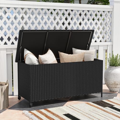 Tangkula Rattan Deck Box, 85 Gallon Storage Container with Waterproof Liner, Wheels & Gas Strut, Indoor Outdoor Wicker Storage Cabinet, Storage Furniture for Pillows, Cushions (Black)