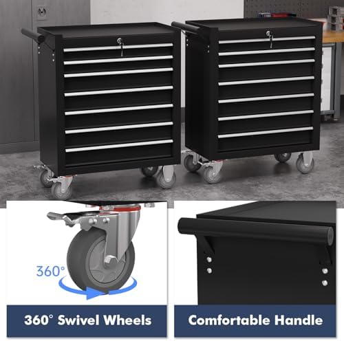 7-Drawer Tool Chest,Rolling Tool Cart with Wheels,High Capacity Tool Cabinet with Locking System for Garage, Warehouse, Workshop-Black