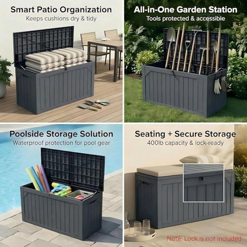 100 Gallon Outdoor Storage Bench - Waterproof Deck Box with Lock, UV Resistant Resin, Patio Furniture & Garden Tool Organizer, 400lb Capacity, Easy Assembly (Grey, 1 Pack)
