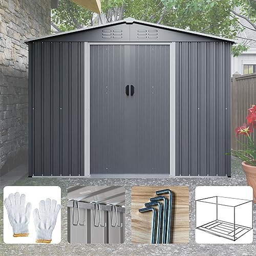 YOPTO 8X6 FT Outdoor Storage Shed with Roof,Waterproof House Tool Cabinet W/Metal Foundation & Lockable Doors,for Shovels,Umbrellas,Antennas,Escalators,Gray