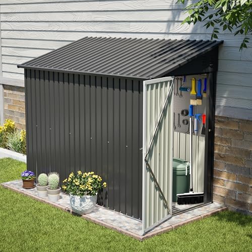 YOPTO 4x8 FT Lean to Outdoor Storage Shed,Metal Shed W/Floor Frame & Reversible Installation,All Weather Waterproof Garden Tool House W/Lockable Door & 2 Air Vents,for Backyard,Patio,Lawn,Black