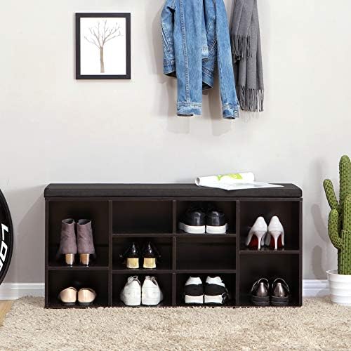 VASAGLE Shoe Bench with Cushion, 10 Compartments, 11.8 x 40.9 x 18.9 Inches