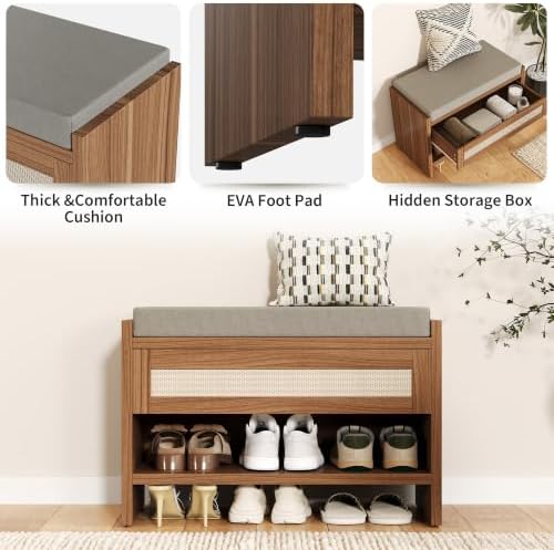 Garvee 31" L Farmhouse Shoe Bench with Storage Drawer & Linen Cushion