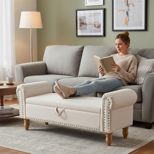 55" End of Bed Bench, Upholstered Bench with Storage, Queen, Beige