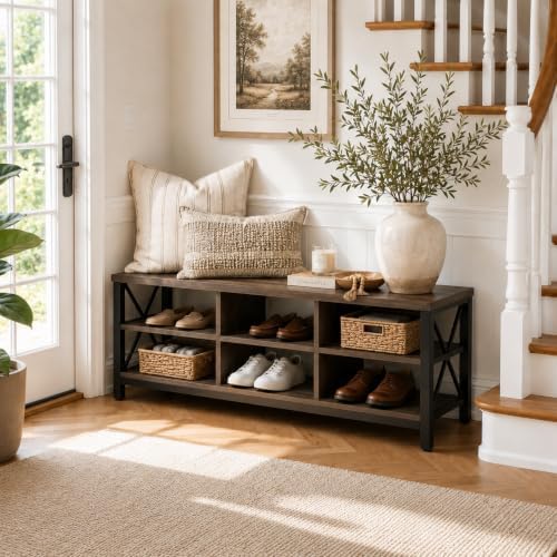 FATORRI Industrial Shoe Bench with Storage, Rustic Entryway Bench