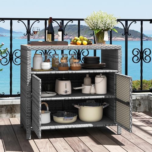 Rattan Storage Cabinet, Outdoor & Indoor Sideboards with Acacia Wood Countertop & Open Compartment, Wicker Patio Buffet Storage Bar Table for Garden Kitchen Poolside Backyard (Grey)